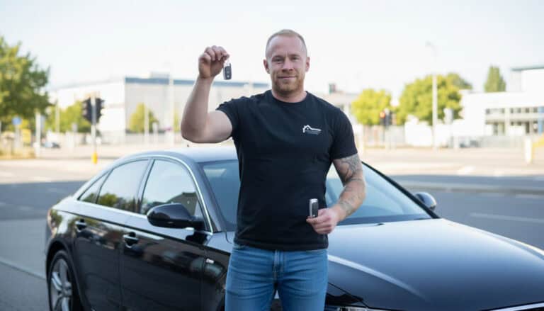 Autoschlüssel in der hand vor dem auto