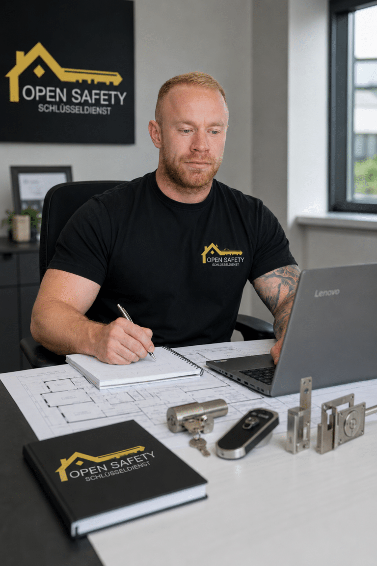 Mitarbeiter von OpenSafety sitzt im Büro am Laptop und plant eine Schließanlage; auf dem Tisch liegen Baupläne, Schließzylinder und Sicherheitsbeschläge.