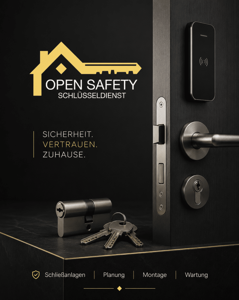 OpenSafety Schlüsseldienst Branding mit moderner Tür, elektronischem Zutrittssystem, Schließzylinder und Schlüsseln für Schließanlagen, Planung, Montage und Wartung.