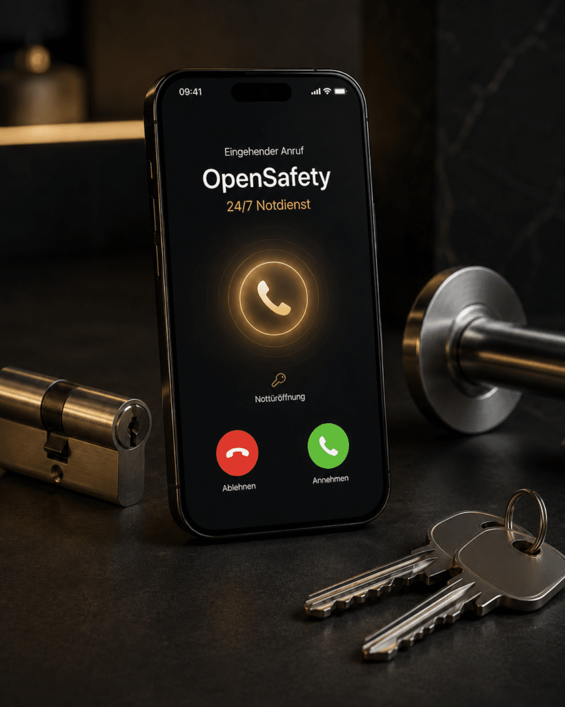 Smartphone mit eingehendem OpenSafety 24/7 Notdienst-Anruf für Nottüröffnung neben Schließzylinder, Türgriff und Schlüsseln.
